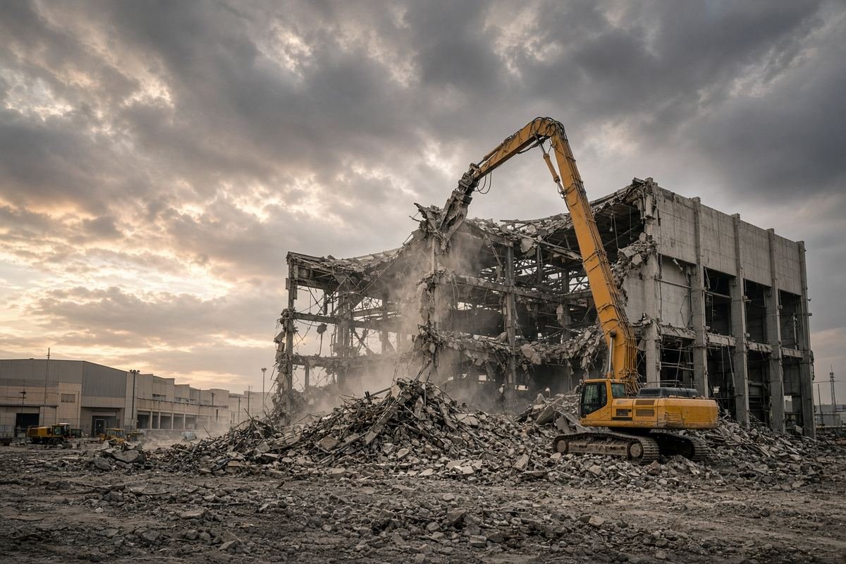 Industrial warehouse demolition in a Dubai industrial district